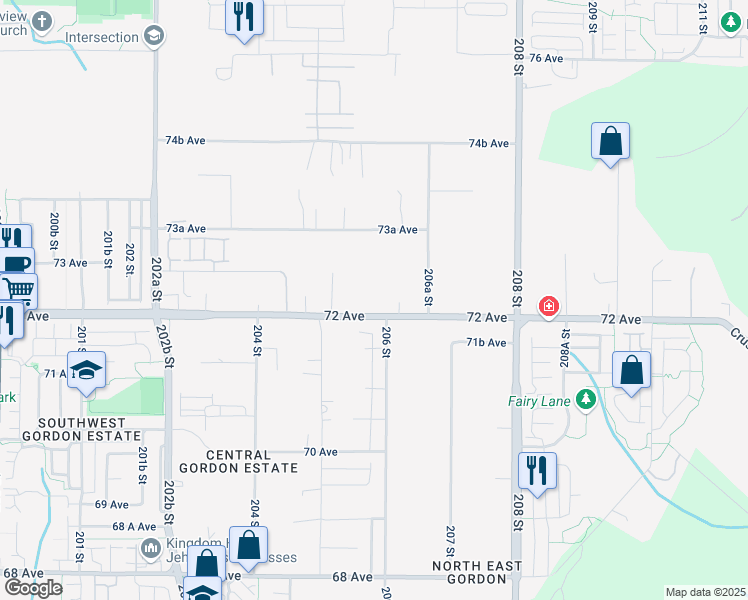 map of restaurants, bars, coffee shops, grocery stores, and more near 20579 Jericho Road in Langley City
