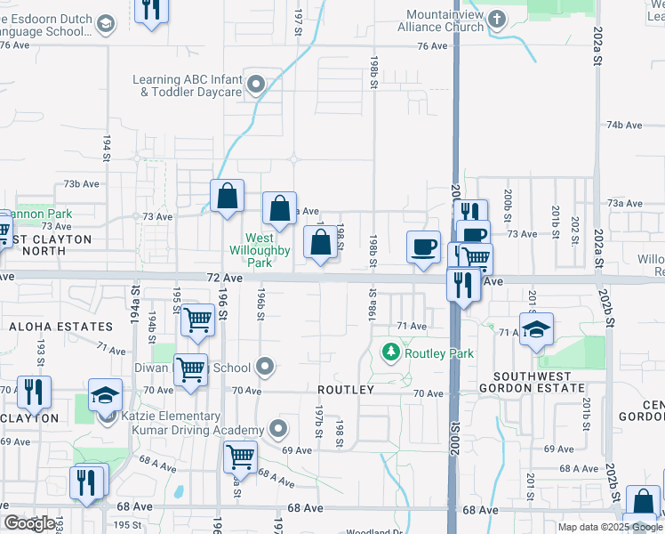 map of restaurants, bars, coffee shops, grocery stores, and more near 19784 72A Avenue in Langley