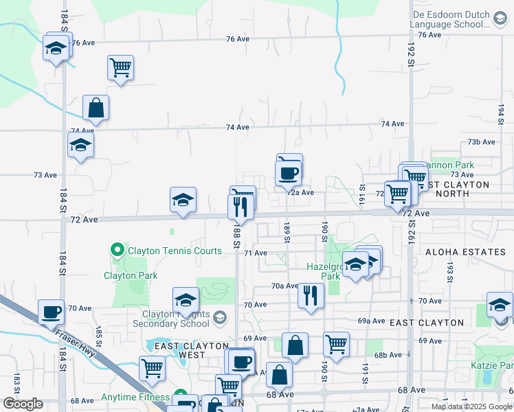 map of restaurants, bars, coffee shops, grocery stores, and more near 18865 72 Avenue in Surrey
