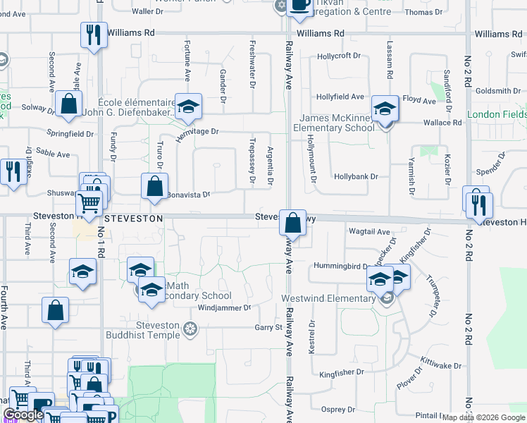 map of restaurants, bars, coffee shops, grocery stores, and more near 4771 Steveston Highway in Richmond