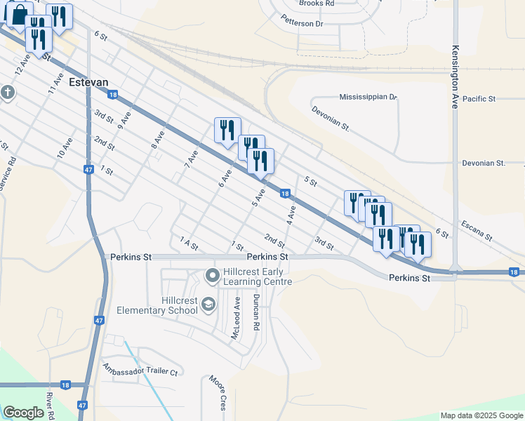 map of restaurants, bars, coffee shops, grocery stores, and more near 442 3rd Street in Estevan