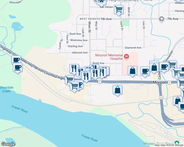 map of restaurants, bars, coffee shops, grocery stores, and more near 7254 Wren Street in Mission