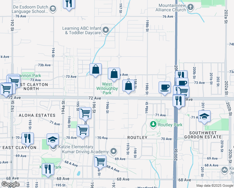 map of restaurants, bars, coffee shops, grocery stores, and more near 7241 197 Street in Langley