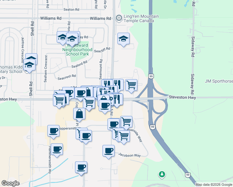 map of restaurants, bars, coffee shops, grocery stores, and more near 10880 Number 5 Road in Richmond