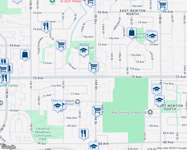 map of restaurants, bars, coffee shops, grocery stores, and more near 14393 72 Avenue in Surrey