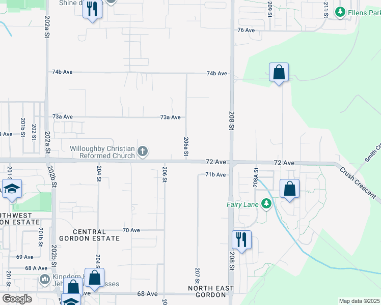 map of restaurants, bars, coffee shops, grocery stores, and more near 7230 206A Street in Langley