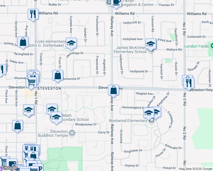 map of restaurants, bars, coffee shops, grocery stores, and more near 4791 Steveston Highway in Richmond