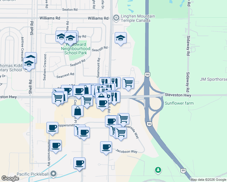 map of restaurants, bars, coffee shops, grocery stores, and more near 10880 Number 5 Road in Richmond