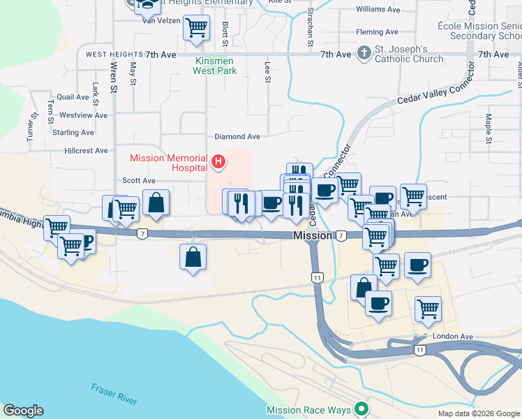 map of restaurants, bars, coffee shops, grocery stores, and more near 32335 Fletcher Avenue in Mission