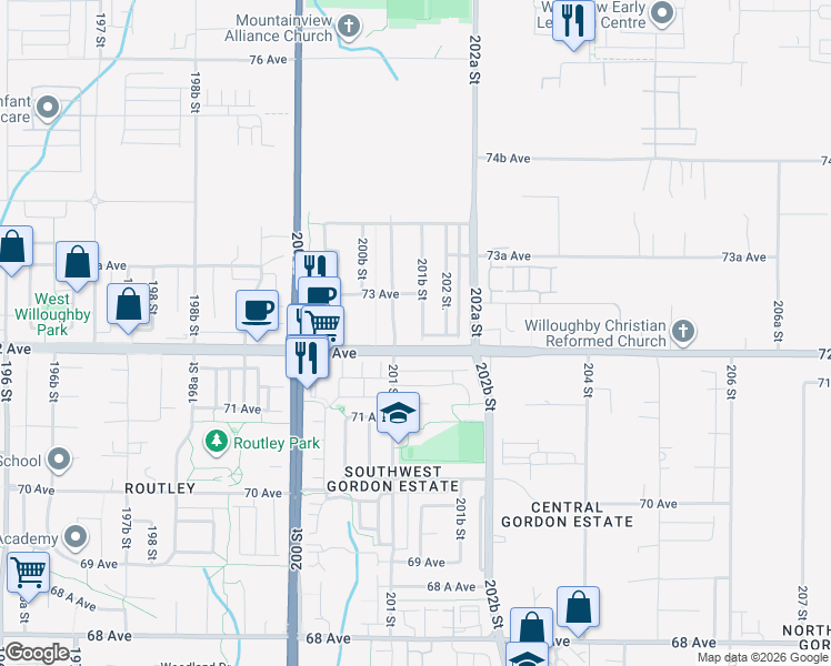 map of restaurants, bars, coffee shops, grocery stores, and more near 7235 201B Street in Langley