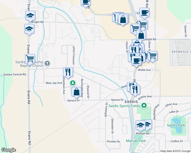 map of restaurants, bars, coffee shops, grocery stores, and more near 45475 Wells Road in Chilliwack