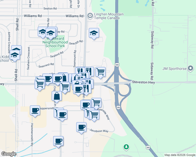 map of restaurants, bars, coffee shops, grocery stores, and more near 12339 Steveston Highway in Richmond