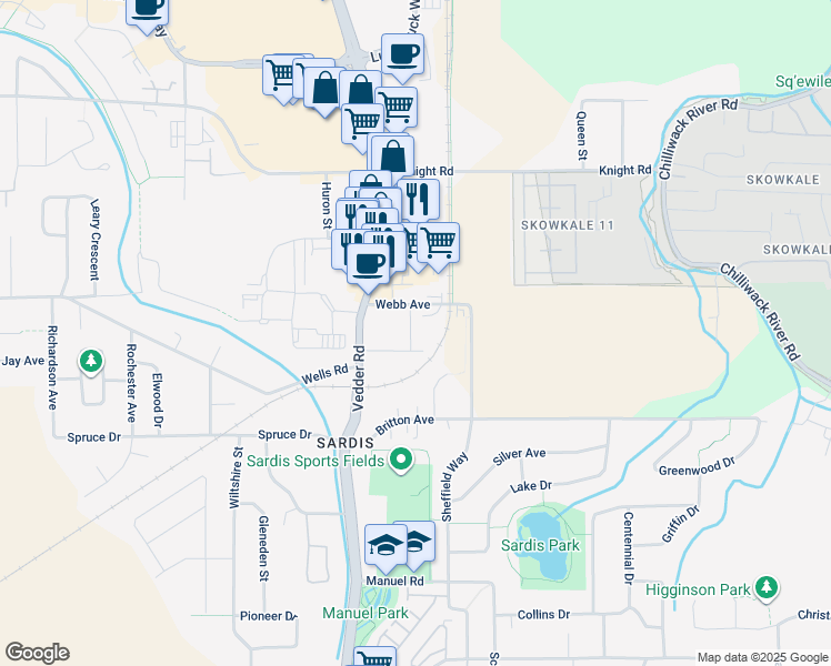 map of restaurants, bars, coffee shops, grocery stores, and more near 45757 Alder Avenue in Chilliwack