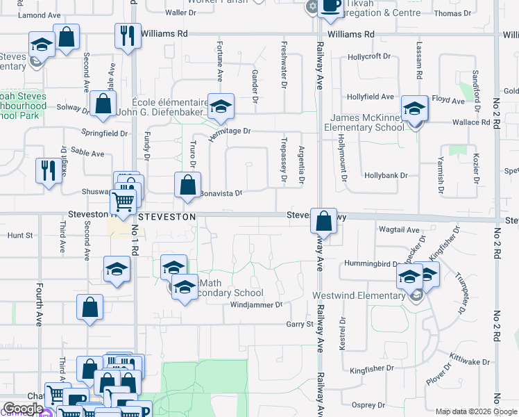 map of restaurants, bars, coffee shops, grocery stores, and more near 4611 Steveston Highway in Richmond