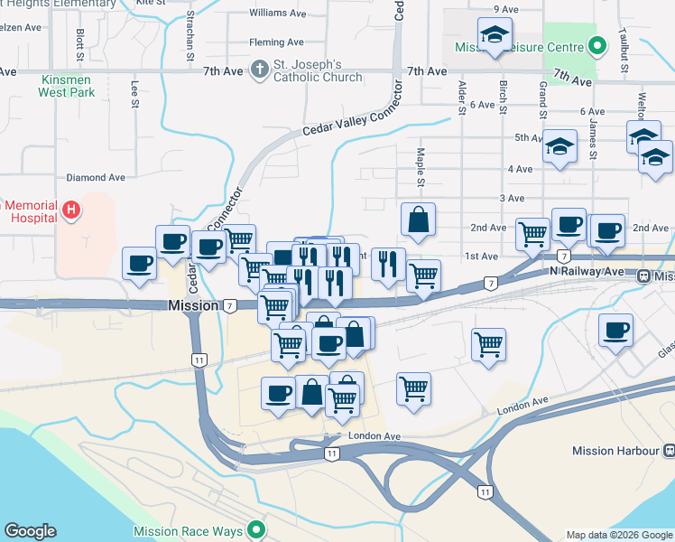 map of restaurants, bars, coffee shops, grocery stores, and more near in Mission