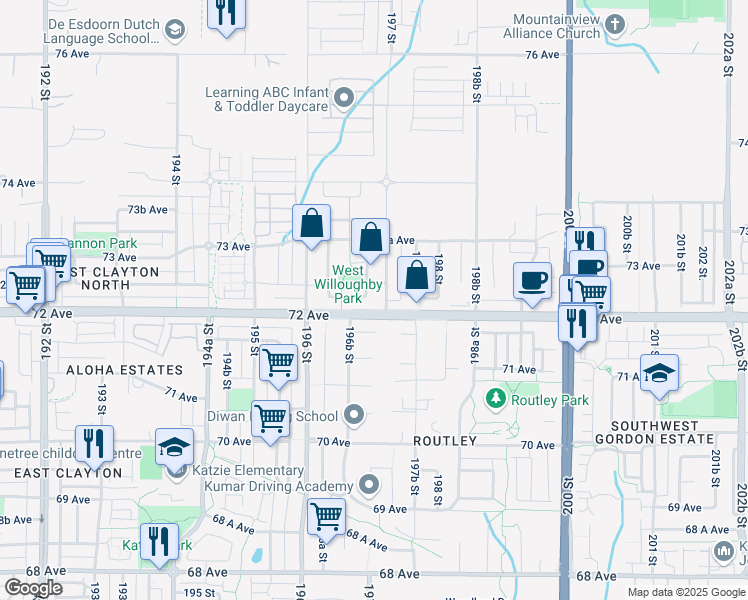 map of restaurants, bars, coffee shops, grocery stores, and more near 7220 197 Street in Langley City