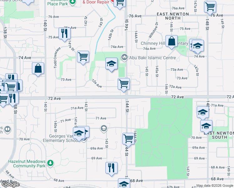 map of restaurants, bars, coffee shops, grocery stores, and more near 14355 72 Avenue in Surrey