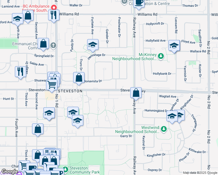 map of restaurants, bars, coffee shops, grocery stores, and more near 4611 Steveston Highway in Richmond