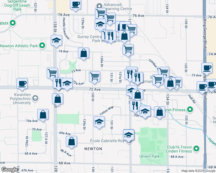 map of restaurants, bars, coffee shops, grocery stores, and more near 13077 72 Avenue in Surrey