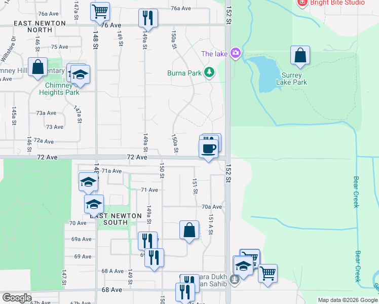 map of restaurants, bars, coffee shops, grocery stores, and more near in Surrey