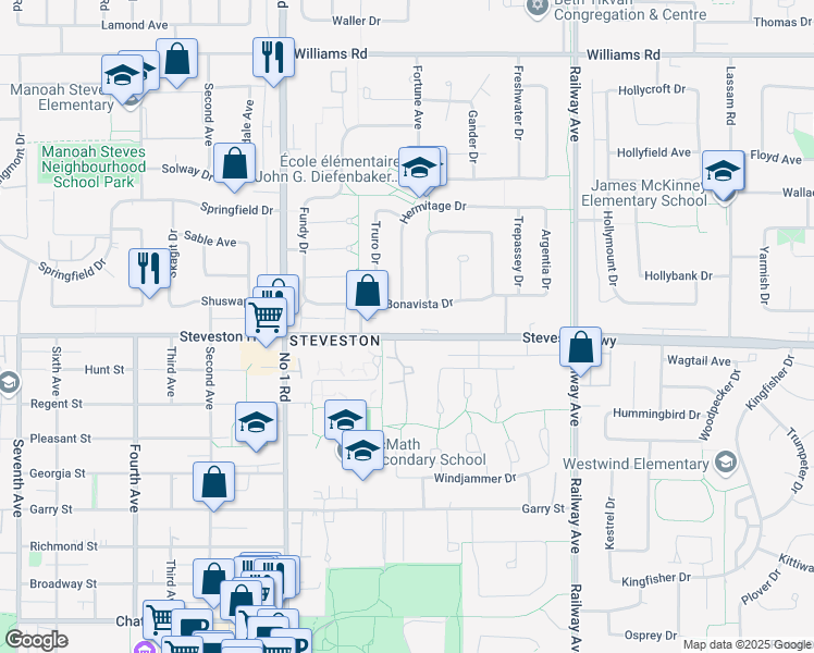 map of restaurants, bars, coffee shops, grocery stores, and more near 4411 Steveston Highway in Richmond
