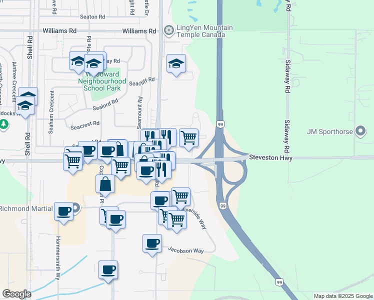 map of restaurants, bars, coffee shops, grocery stores, and more near in Richmond