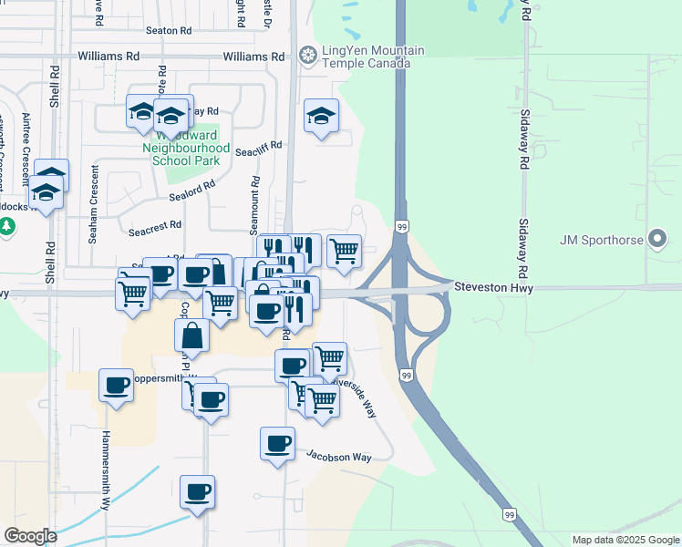 map of restaurants, bars, coffee shops, grocery stores, and more near 12339 Steveston Highway in Richmond