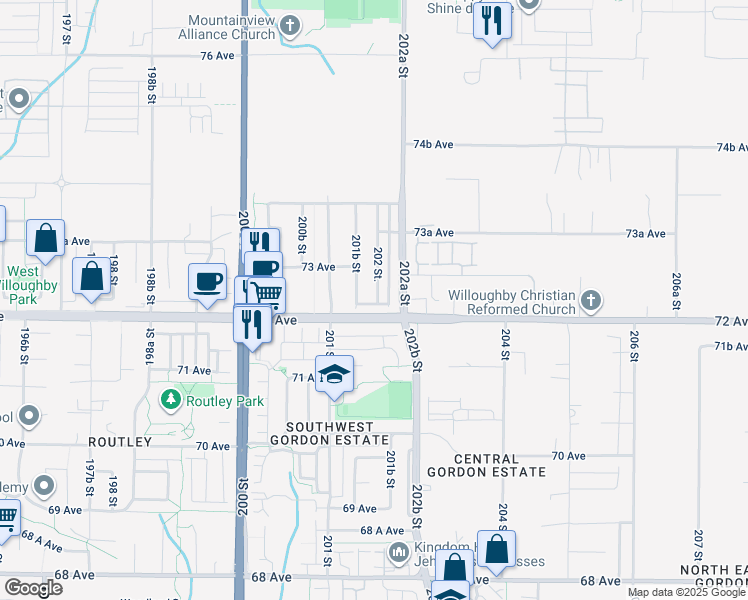map of restaurants, bars, coffee shops, grocery stores, and more near 7227 202 Street in Langley