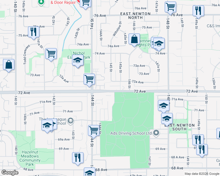 map of restaurants, bars, coffee shops, grocery stores, and more near 14495 72 Avenue in Surrey