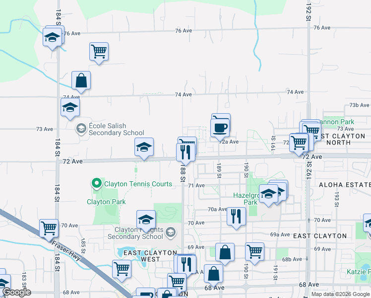 map of restaurants, bars, coffee shops, grocery stores, and more near 18811 72 Avenue in Surrey