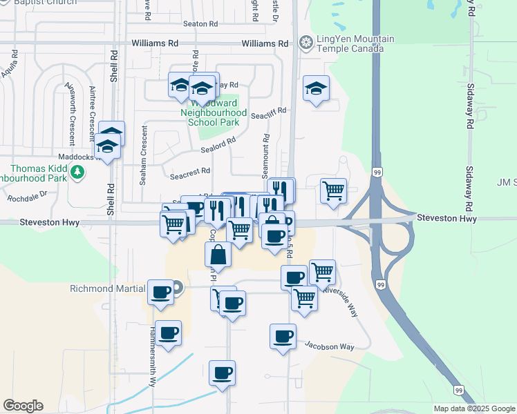 map of restaurants, bars, coffee shops, grocery stores, and more near 11711 Steveston Highway in Richmond