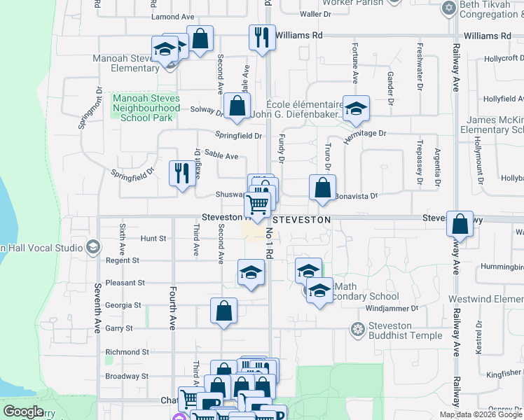 map of restaurants, bars, coffee shops, grocery stores, and more near 10991 Number 1 Road in Richmond