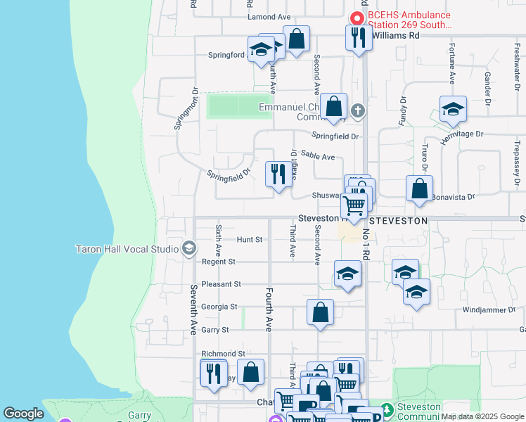 map of restaurants, bars, coffee shops, grocery stores, and more near 3411 Steveston Highway in Richmond