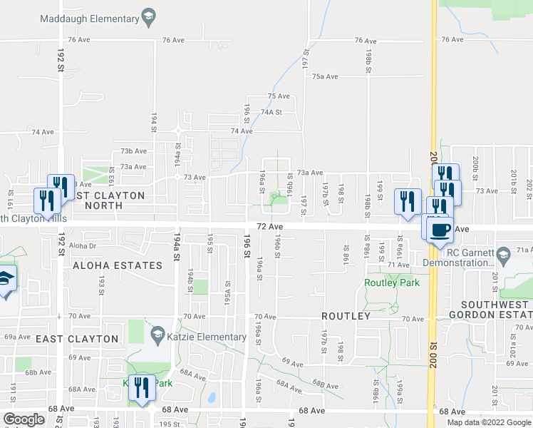 map of restaurants, bars, coffee shops, grocery stores, and more near 19618 72A Avenue in Langley