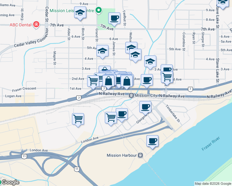 map of restaurants, bars, coffee shops, grocery stores, and more near 33121 Lougheed Highway in Mission