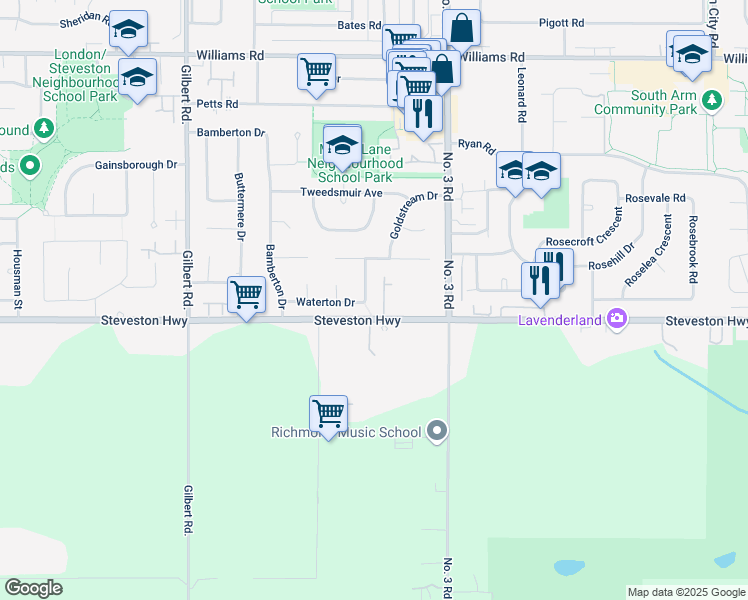 map of restaurants, bars, coffee shops, grocery stores, and more near 7760 Waterton Drive in Richmond