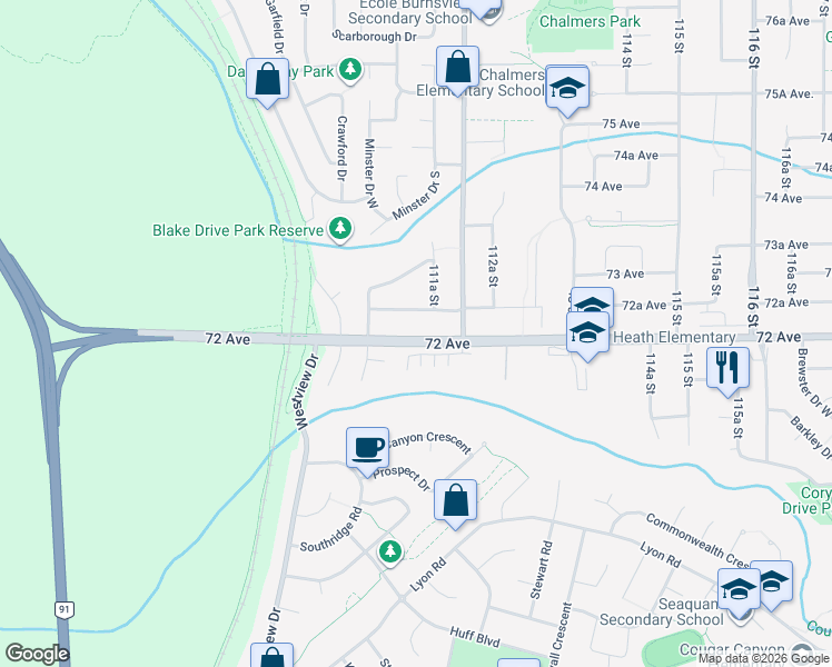 map of restaurants, bars, coffee shops, grocery stores, and more near 11145 72 Avenue in Delta