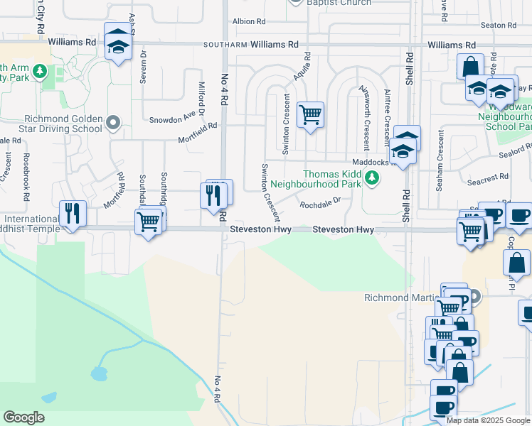 map of restaurants, bars, coffee shops, grocery stores, and more near 10031 Swinton Crescent in Richmond