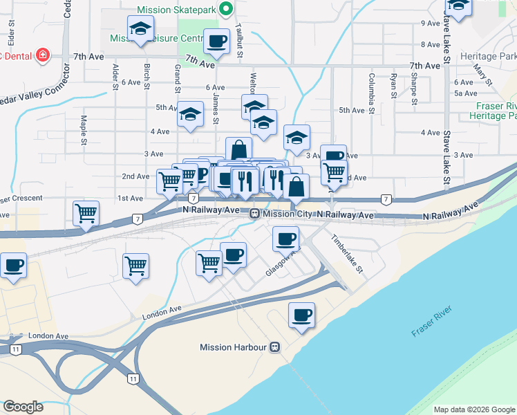 map of restaurants, bars, coffee shops, grocery stores, and more near 33211 North Railway Avenue in Mission