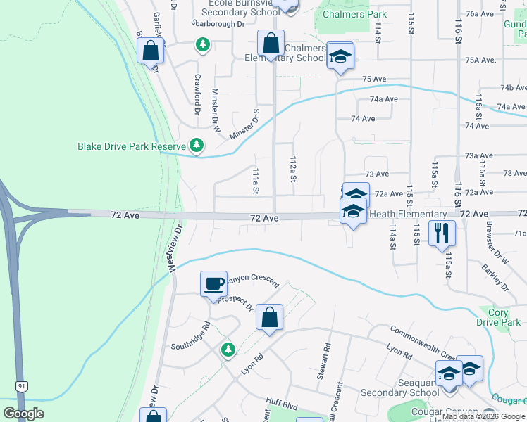 map of restaurants, bars, coffee shops, grocery stores, and more near 11185 72 Avenue in Delta