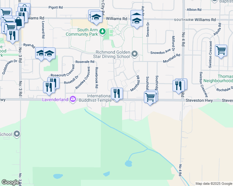 map of restaurants, bars, coffee shops, grocery stores, and more near 9551 Ryan Crescent in Richmond