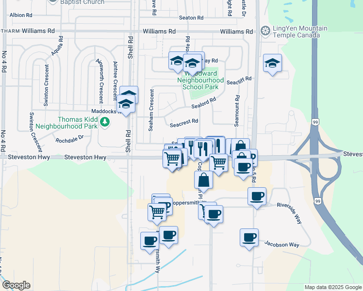 map of restaurants, bars, coffee shops, grocery stores, and more near 11340 Seahurst Road in Richmond