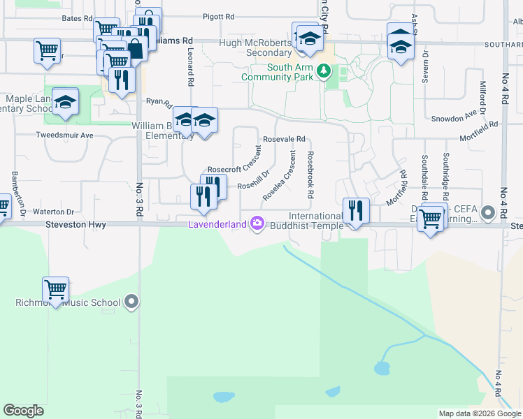 map of restaurants, bars, coffee shops, grocery stores, and more near Rosemary Avenue in Richmond