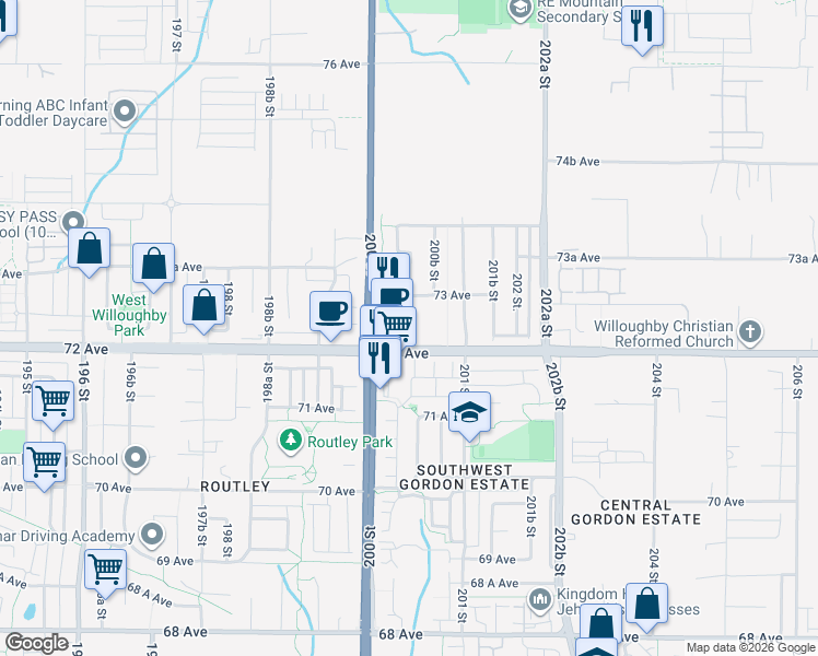 map of restaurants, bars, coffee shops, grocery stores, and more near 7272 200 Street in Langley City