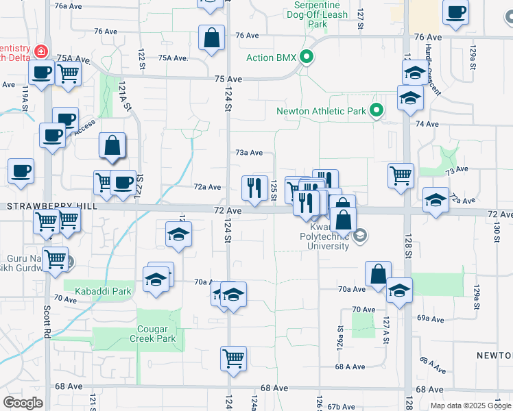 map of restaurants, bars, coffee shops, grocery stores, and more near 12477 72 Avenue in Surrey