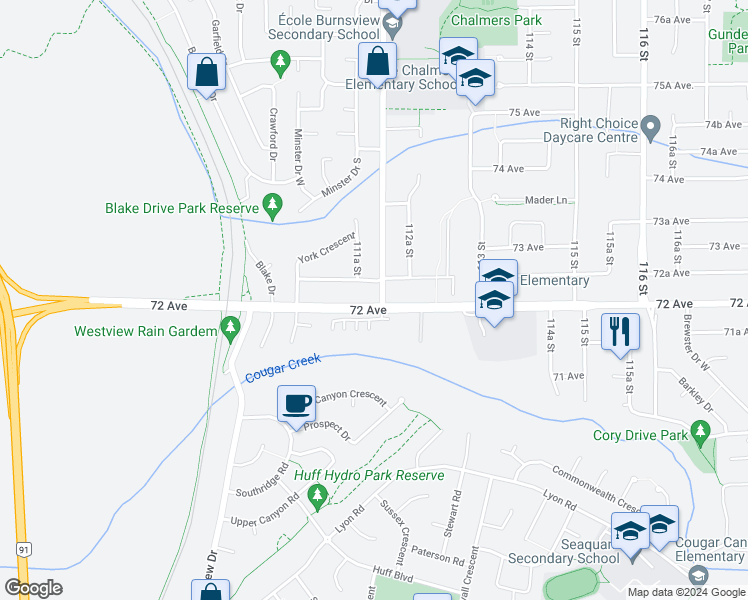 map of restaurants, bars, coffee shops, grocery stores, and more near 6015 112 Street in Delta