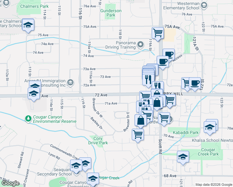 map of restaurants, bars, coffee shops, grocery stores, and more near 11783 72 Avenue in Delta
