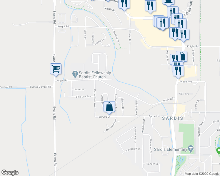 map of restaurants, bars, coffee shops, grocery stores, and more near 45372 Wells Road in Chilliwack