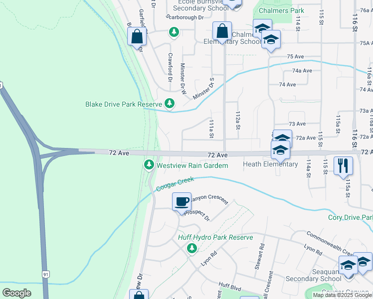 map of restaurants, bars, coffee shops, grocery stores, and more near 7177 72 Avenue in Delta