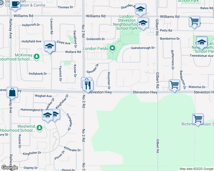 map of restaurants, bars, coffee shops, grocery stores, and more near 6599 Yeats Crescent in Richmond